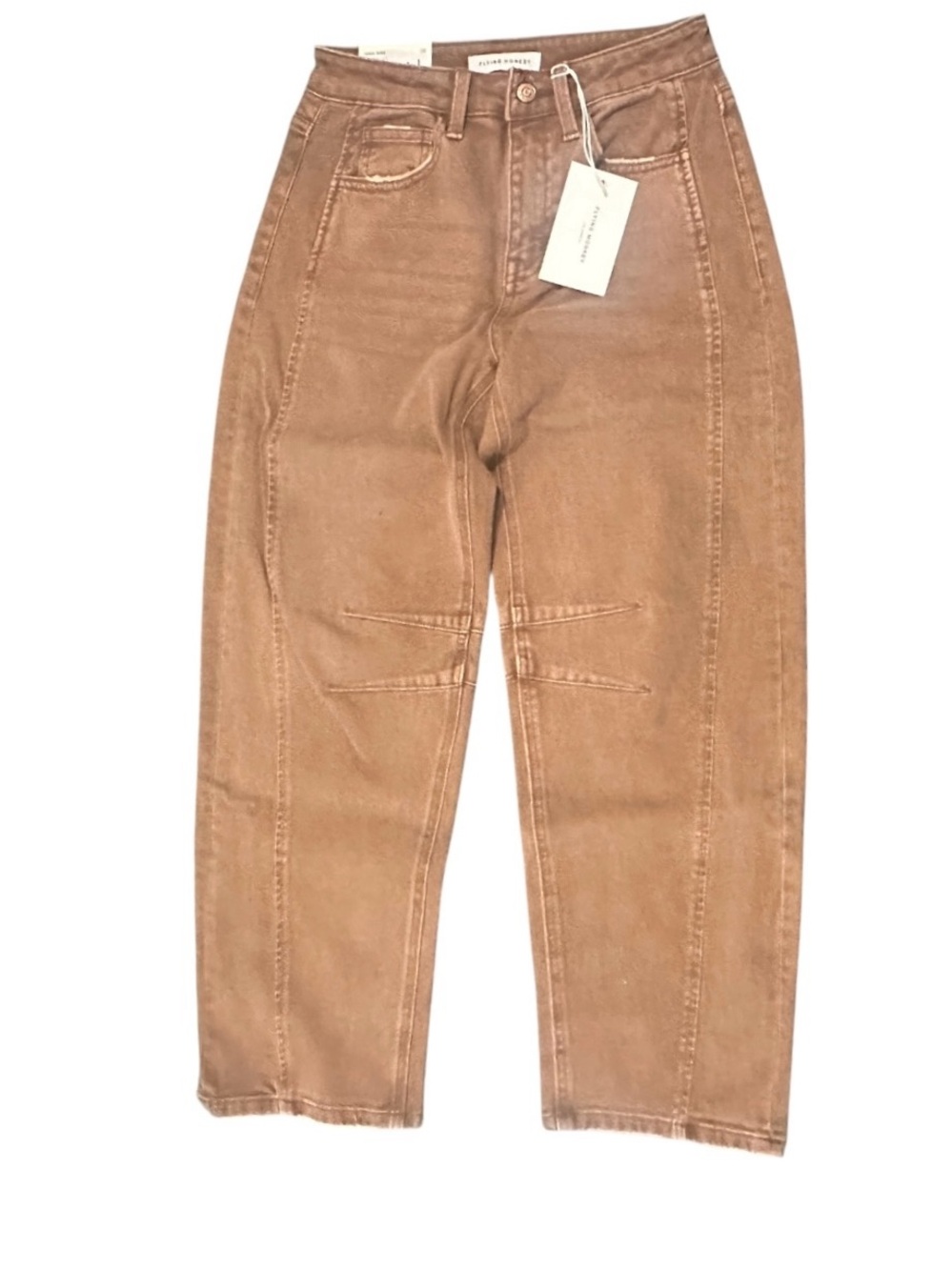 NWT Flying Monkey High Rise Barrel Leg Jeans Brown Stretch Curved Seam Sz 25